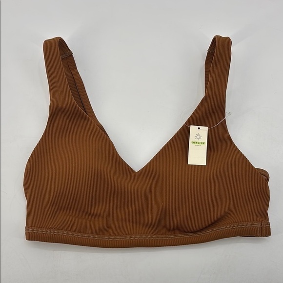 Offline Aerie Ribbed Plunge Double Strap Mesh Back Sports Bra Brown size L NWT - Picture 1 of 10